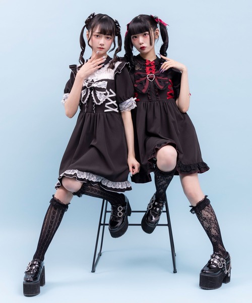 DearMyLove ワンピース ハートビジューリボンヨークフリルサイドレース