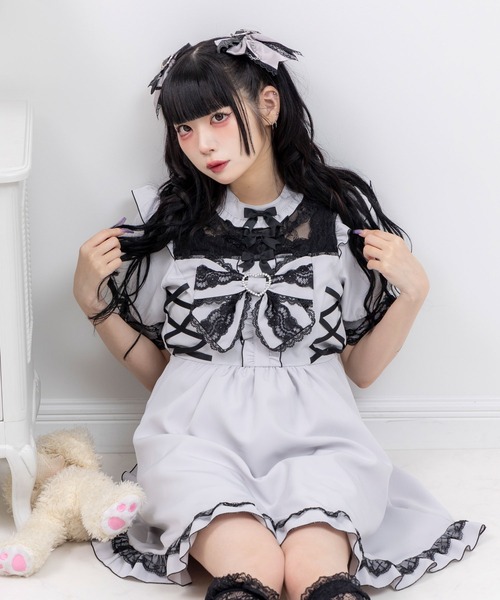 DearMyLove ワンピース ハートビジューリボンヨークフリルサイドレース