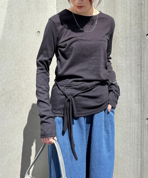 tシャツ リボンデザインレイヤードトップス(kiharu select) / ビスチェ 重ね着 Tシャツ カットソー 長袖 ラウンドネック ロングスリ