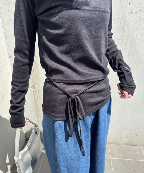 tシャツ リボンデザインレイヤードトップス(kiharu select) / ビスチェ 重ね着 Tシャツ カットソー 長袖 ラウンドネック ロングスリ I-SOOK tシャツ リボンデザインレイヤードトップス(kiharu