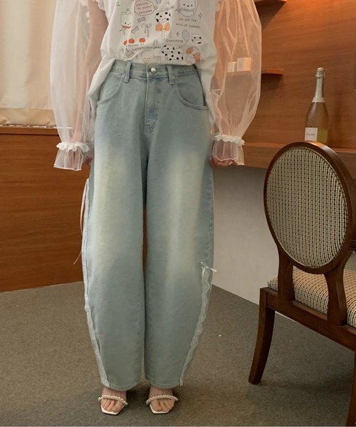 tシャツ レースラインリボンデニムパンツ レディース