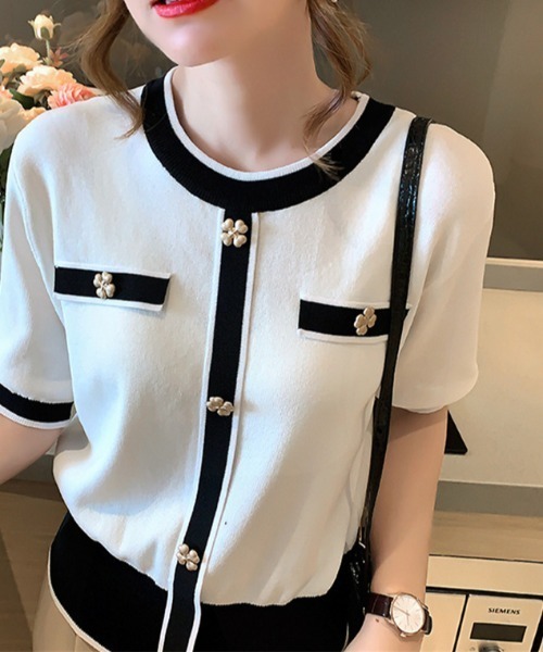 半袖ニットトップス 2色セット deux amour ニット セーター バインダー配色半袖ニットトップス