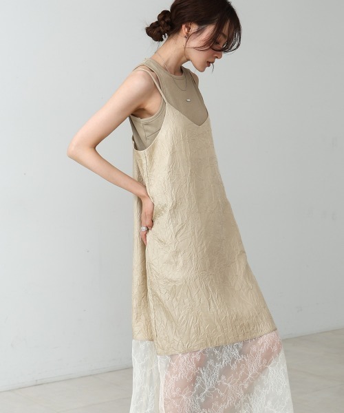BAB（バブ） ワンピース シワ加工サテンチュールレース切替キャミ