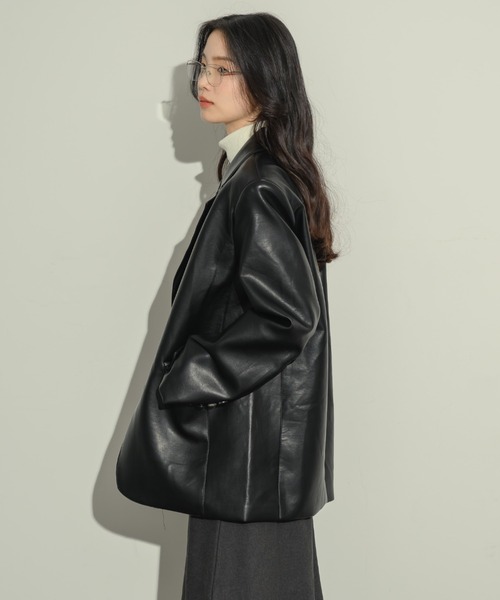 ノミネ オーバーサイズ レザーテーラードジャケット ブラック NOMINE｜フェイクレザー オーバー ジャケット | Rakuten Fashion(楽天