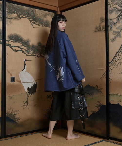 狐独 トレーナー スウェット フェイクスウェードプリントハーフジップ