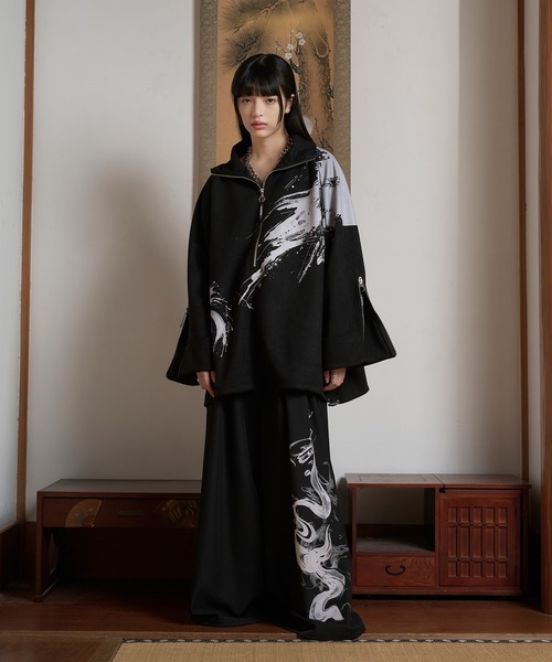 狐独 トレーナー スウェット フェイクスウェードプリントハーフジップ