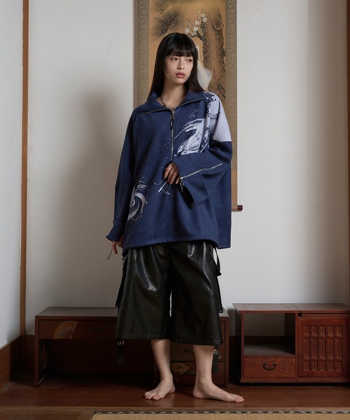 狐独 トレーナー スウェット フェイクスウェードプリントハーフジップ