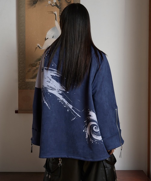 狐独 トレーナー スウェット フェイクスウェードプリントハーフジップ 