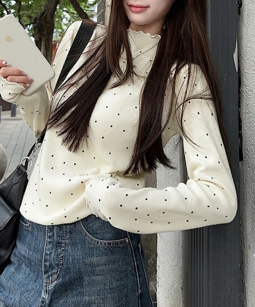 ReRe tシャツ スカラップネックドット柄カットソー レディース