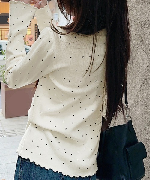 ReRe tシャツ スカラップネックドット柄カットソー レディース