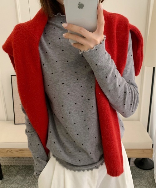 ReRe tシャツ スカラップネックドット柄カットソー レディース