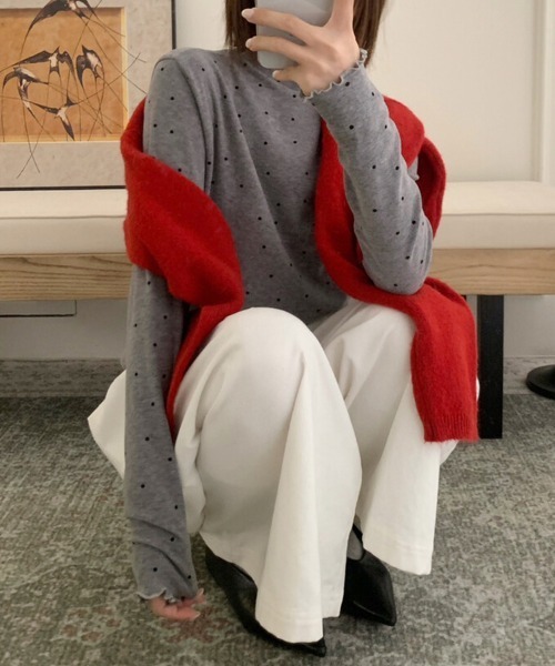 ReRe tシャツ スカラップネックドット柄カットソー レディース