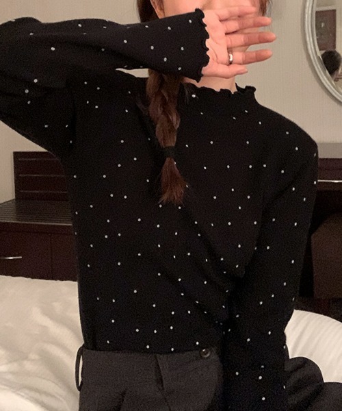 ReRe tシャツ スカラップネックドット柄カットソー レディース