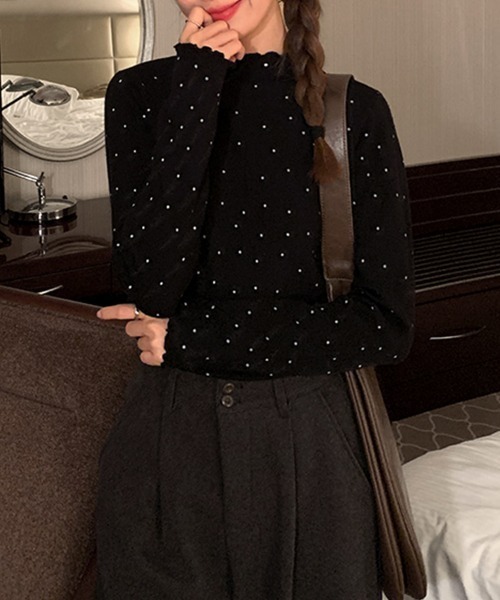 ReRe tシャツ スカラップネックドット柄カットソー レディース