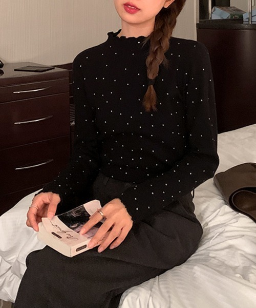 ReRe tシャツ スカラップネックドット柄カットソー レディース