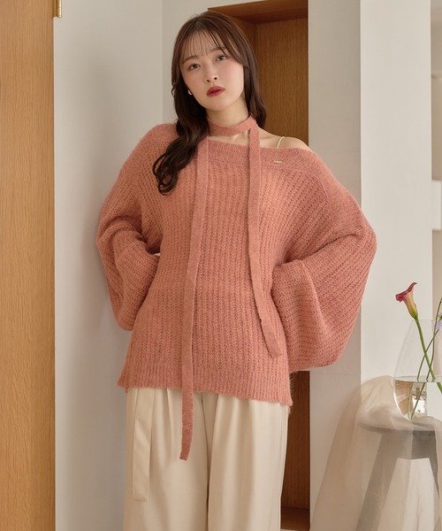 mideal（マイディール） ニット セーター sheer oneshoulder knit