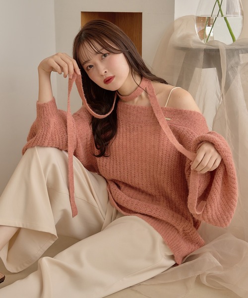 mideal（マイディール） ニット セーター sheer oneshoulder knit