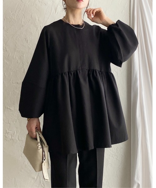 She's Closet ウエストギャザー切り替え長袖ペプラムノーカラー