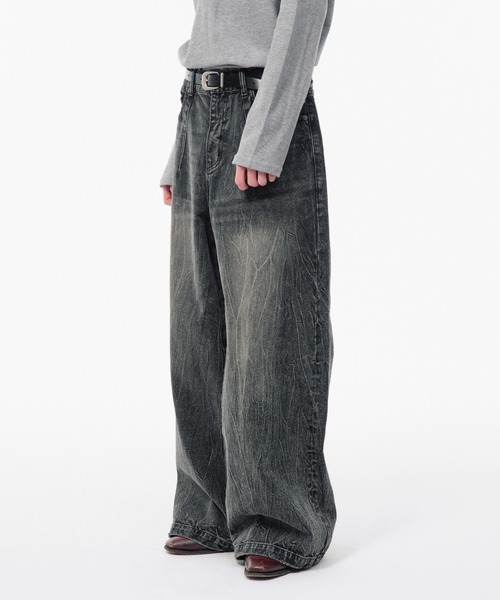 Camphor wood ジーンズ CRACKED CHEMICAL-WASHED WIDE BAGGY JEANS