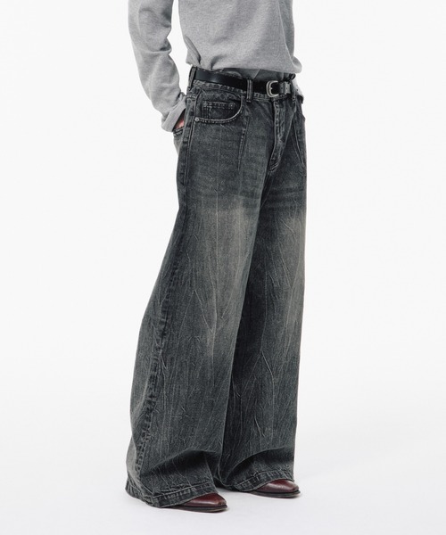 Camphor wood ジーンズ CRACKED CHEMICAL-WASHED WIDE BAGGY JEANS