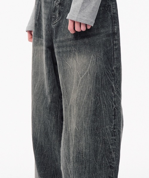Camphor wood ジーンズ CRACKED CHEMICAL-WASHED WIDE BAGGY JEANS