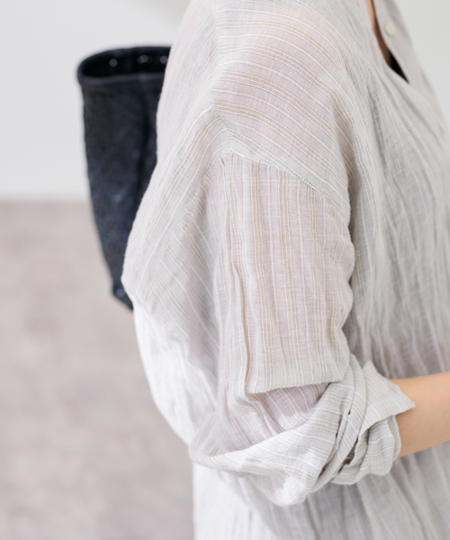 Framework / フレームワーク | 2025SS | LINEN クレープ ヘンリー ネック ブラウス シャツ | ブラック | レディース LINENmixクレープヘンリーネックブラウス（シャツ／ブラウス