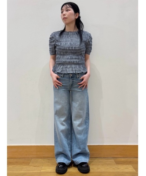 ブラウス シャツ スモッキングギャザー クロップド ペプラムトップス レディースの画像