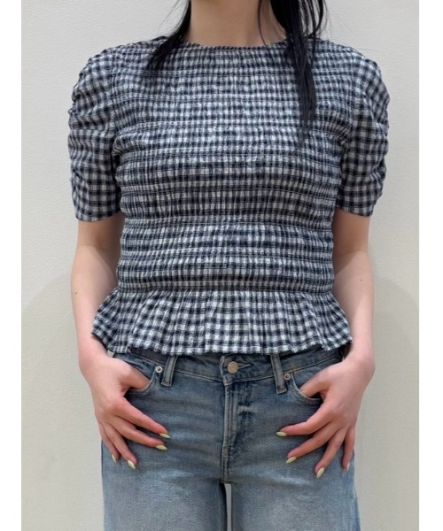 ブラウス シャツ スモッキングギャザー クロップド ペプラムトップス レディースの画像