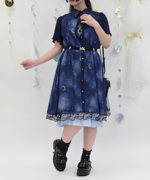 axes femme ルミナスムーン星座柄 半袖ワンピース ネイビー axes femme（アクシーズ ファム） ワンピース 半袖 ルミナスムーン柄