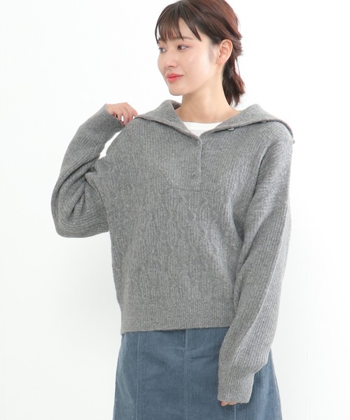 ニット セーター 襟ボタンケーブルニット レディース LBC ニット セーター 襟ボタンケーブルニット レディース