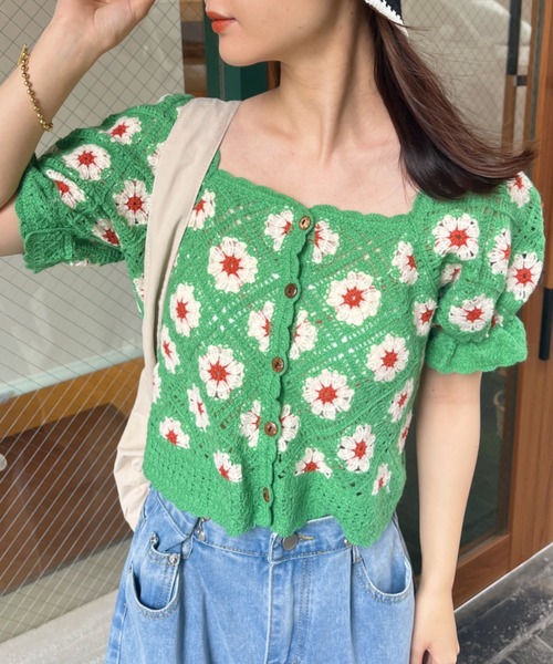 CLEA tシャツ クロシェ編みフラワー柄半袖トップス レディース