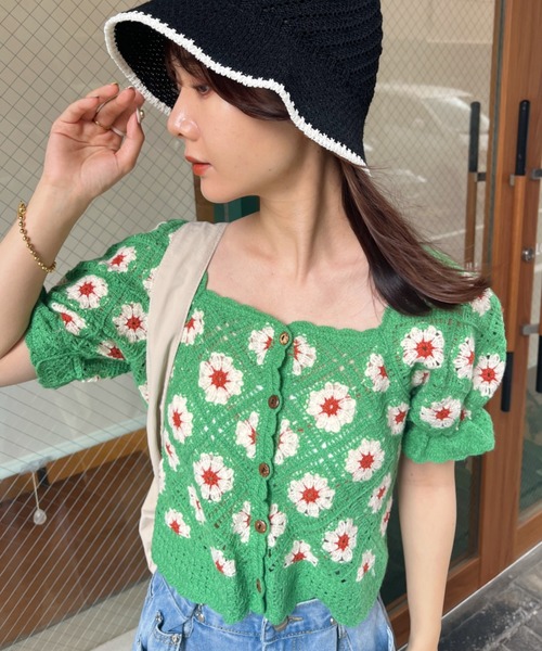CLEA tシャツ クロシェ編みフラワー柄半袖トップス レディース