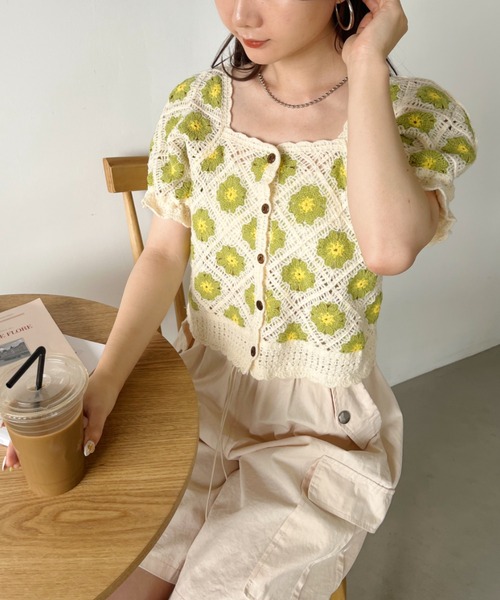 CLEA tシャツ クロシェ編みフラワー柄半袖トップス レディース