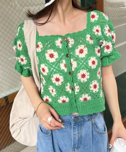 CLEA tシャツ クロシェ編みフラワー柄半袖トップス レディース