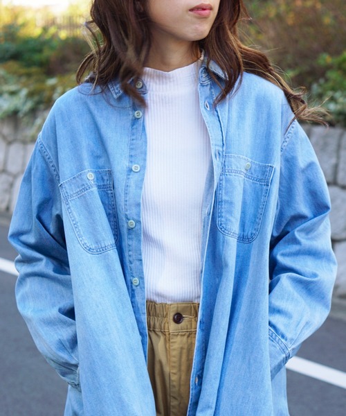 ハーベスティ　ブルーデニムシャツワンピース　長袖　オーバーサイズ　ポケット有り 最終値下げ】ハーベスティデニムワークシャツワンピース