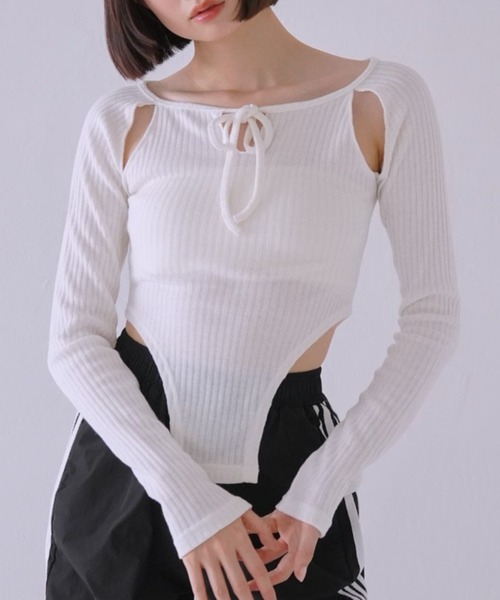 Uenui tシャツ カッティング リボン トップス ボディスーツ 長袖