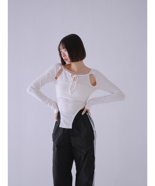 Uenui tシャツ カッティング リボン トップス ボディスーツ 長袖