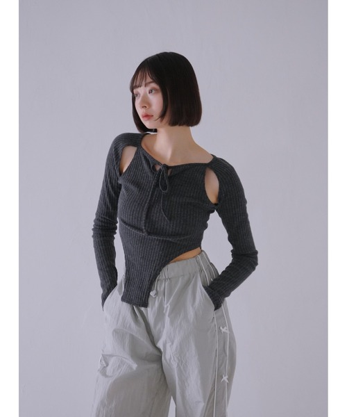 Uenui tシャツ カッティング リボン トップス ボディスーツ 長袖