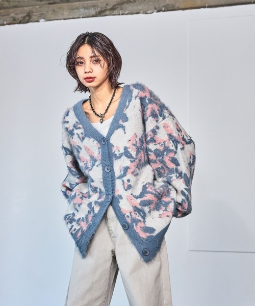 PAGEBOY ニット セーター アートフラワーシャギーカーディガン