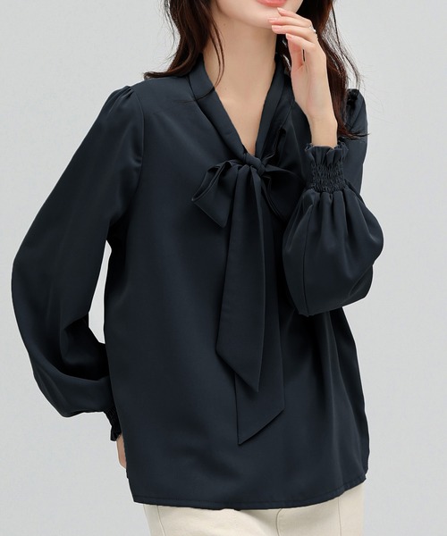 Dewlily ブラウス シャツ Vネックリボンブラウス レディース