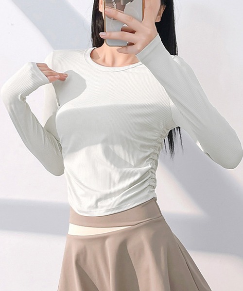 DAY CLOSET レディース 長袖サイドギャザーラウンドヘムリブヨガ