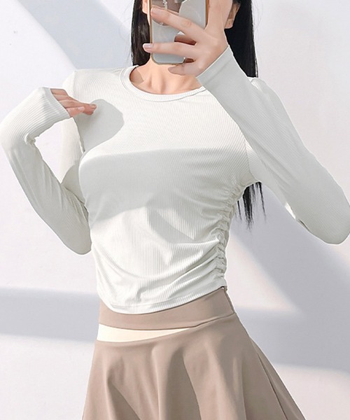 【新品未使用】ヨガ　ピラティス　ウェア　トップス　Mサイズ　ホワイト DAY CLOSET レディース 長袖サイドギャザーラウンドヘムリブヨガ