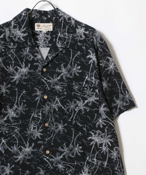 復刻　50s アロハシャツ　オープンカラー　レーヨン　開襟　黒×白 復刻 50s アロハシャツ オープンカラー レーヨン 開襟 黒×白
