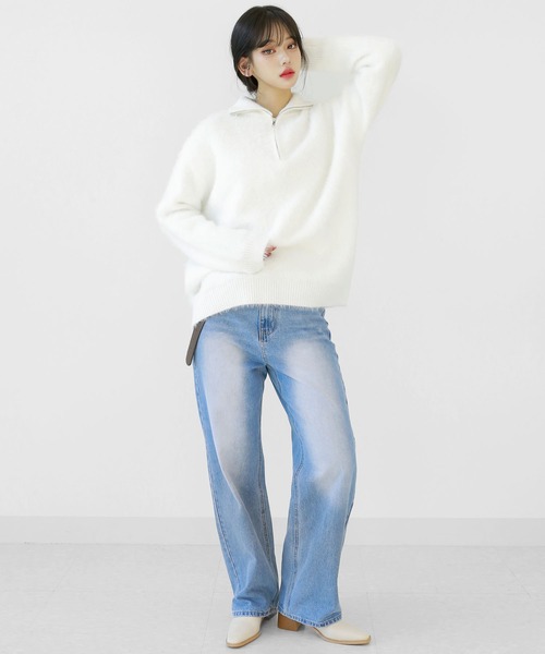 ジーンズ デニム デニムパンツ ツートン ロングワイドデニムパンツ レディース