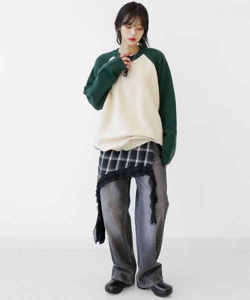 ジーンズ デニム デニムパンツ ツートン ロングワイドデニムパンツ レディース