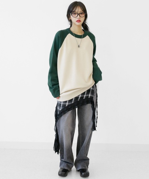 ジーンズ デニム デニムパンツ ツートン ロングワイドデニムパンツ レディース