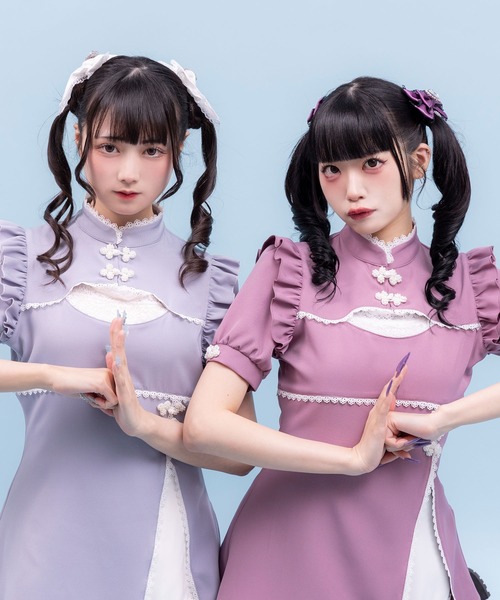 DearMyLove ワンピース 夏 半袖 チャイナ釦スリットワンピース