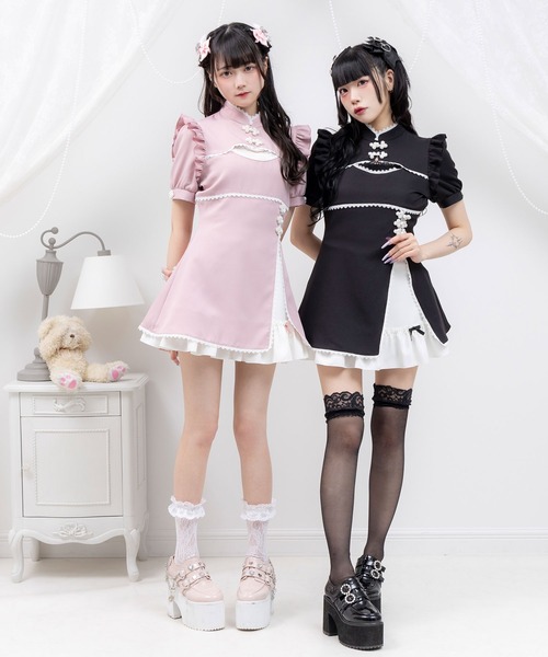 DearMyLove ワンピース 夏 半袖 チャイナ釦スリットワンピース