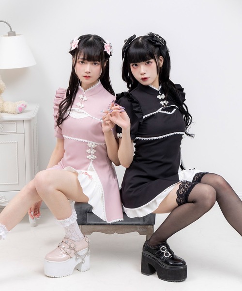 DearMyLove ワンピース 夏 半袖 チャイナ釦スリットワンピース
