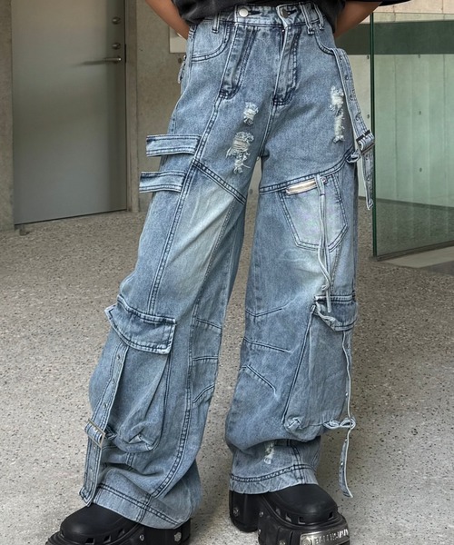 【CIDER】 ポケットワイドレッグジーンズカーブ＆プラス Denim Denim Solid Pocket Baggy Jeans Curve & Plus For School